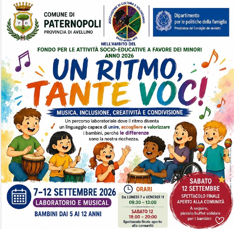 "Un ritmo, tante voci" (  musica, inclusione, creatività e condivisione)  in favore dei bambini residenti  5- 12 anni - contributo DIPOFAM.